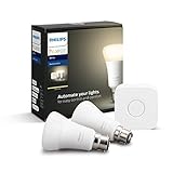 Philips Hue Weißes Starter-Kit: Smart Bulb Doppelpack LED [B22 Bajonettsockel] inkl. Brücke, Kompatibel mit Alexa, Google Assistant und Apple HomeKit, ein zertifiziertes Gerät für M