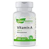 Greenleaves Vitamins - Vitamin A 100 pflanzliche Kapseln 4000 I.E. Retinylpalmitat. Ohne: Gentechnik, Gluten, Milchzucker. 100% Veg