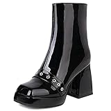 MJIASIAWA Damen Party Chunky Heel Hochzeit Mode Chelsea Plateau Kurzschaft Stiefel Reißverschluss Glitzer Winter Warm Square Toe Motorradstiefel Schwarz Gr 41 EU/43