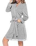 Hotouch Leichter Damen Bademantel Morgenmantel Kimono Saunamantel Neglige mit Taschen Loungewear Sleepwear mit Gürtel Grau M