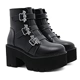 QZPM Damen Gothic Boots DREI Reihen Schnallen Plattform Damenstiefel Blockabsatz Punk Stil Stiefeletten Runde Zehen Stiefel,Schwarz,39 EU