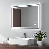 EMKE LED Badspiegel 80x60cm Badezimmerspiegel mit Beleuchtung kaltweiß Lichtspiegel Wandspiegel mit Touchschalter + beschlagfrei IP44 energiesp