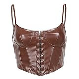 Frauen Sexy Spitze V-Ausschnitt Trägerlose Tops Y2K Ärmelloses Crop Top Blumendruck Spaghetti Durchsichtig Tank Top E-Girl Ästhetische Unterhemd Tops Damen Weste Tops Damen Tube Top (L, Leder Braun)