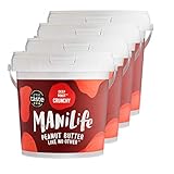 ManiLife Erdnussbutter 4kg - Peanut Butter - Alles Natürlich, ein Anbaugebiet, ohne Zuckerzusatz, ohne Palmöl – Deep Roast Crunchy – (4 x 1kg)
