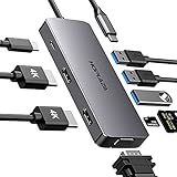 HOPLAZA USB C hub, Docking Station, USB C HDMI Adapter with dual 4K HDMI, VGA, PD, 3 USB 3.0 and TF/SD Card Reader, Compatible with MacBook Pro 2017+/Air/M1/Pad 3+/Air 2020+, Dell and Type C D