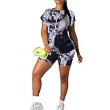 nobrand Frauen Tie Dye Trainingsanzug 2-teilige Outfits Trainingsanzüge Short Lounge Set Nachtwäsche Nachtwäsche Loungewear (Black, XL)