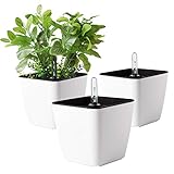 T4U 13cm Klein Plastik Selbstbewässerung Blumentopf Eckig Weiß mit Wasseranzeiger 3er-Set für Miniaturp