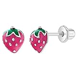 In Season Jewelry 925 Sterling Silber Pink & Grün Emaille Erdbeere Ohrstecker für Kleinkinder & Kleine Mädchen, Stilvolle Erdbeere Schraubverschluss für Mädchen- Bunte Frucht Ohrring