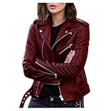 Onsoyours Damen PU Lederjacke Bikerjacke mit Reißverschluss Kurze Jacke Herbst Frühling Lederjacke im Bikerjacke B Weinrot M