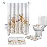 ZSDFPW Duschvorhang gesetzt Weißgelbe Strandseesternmuschel Badezimmerteppich-Set 3D Gedruckter Duschvorhang Polyester wasserdicht rutschfest Badvorleger WC-Deckelbezug 180×200