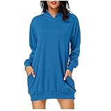 Kobay Damen Winter Langarm Rock Lässig Mode Kleider Bequem Taschen Pullover Hoodie Kleid Taille Sweatshirt Solide Oberteile(Blau, S)