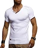 Leif Nelson Herren Sommer T-Shirt V-Ausschnitt Slim Fit Baumwolle-Anteil Moderner Männer T-Shirt V-Neck Hoodie-Sweatshirt Kurzarm lang LN1355 Weiß Larg