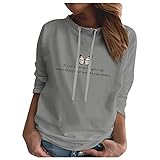 Yuwegr Damen Pullover Casual Sport Sweatshirt Rundhals Kordelzug Bedrucktes Sweatshirts Damen Langarmshirt Bequem Bluse(Grau,XXL)