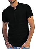 Herren Leinen Henley Shirts Beiläufig Kurzarm Einfarbig T-Shirt Sommer T-Shirt Tunika Tops M #Schw