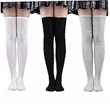 TOSSPER 3 Stück Womens Oberschenkel Hohe Socken Baumwolle Gestreift Über Den Kniesocken Langer Strumpf Für Frauen Accessoires (schwarz + Weiß + Grau)