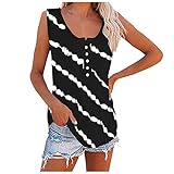 Ärmelloses T-Shirt KIMODO Damen Tanktop Sommer Tops Elegant Oberteile Lose Gedruckt Diagonalstreifen Knopf Rundhals Kurzarm Bluse (A-Schwarz, 5XL)