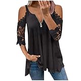 TRIGLICOLEUM Langarmshirt Damen Elegante Einfarbige Bluse Tunika Aushöhlen Spitze Spleißen Oberteile Hemden Sexy Schulterfreies Basic-Hemd Reißverschluss V