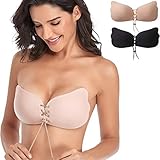 IYY Push Up Klebriger BH für Frauen, Unsichtbarer BH Rückenfrei Trägerloser BH Klebe BH Wiederverwendbare Nippel Abdeckungen 2 Pack (Schwarz & Beige, C Cup)