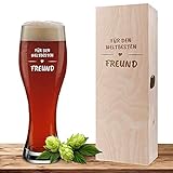Weizenglas mit Motiv 'Weltbester Freund' inklusive Geschenkbox aus Holz, Bierglas 0,5 Liter mit gravierter Holzbox, Geburtstag, personalisiertes Weißbierg
