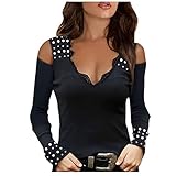 GFGHH Damen Valentinstag Langarm T-Shirt mit Strass Drucken Langarmshirt Sexy Schulterfrei Oberteile Casual Pullover Tunika Tops Damen Langarmshirt Baumwolle Shirts, Elegant Schwarz Lose B