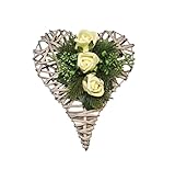 Rattanherz Rosengesteck Rosenherz 3 Rosen Zart Gelb Ecru Tischdeko Grabgesteck Grabschmuck Trauerschmuck Grabaufleger Blumengesteck Tischgesteck 31cm x 24cm x 8cm (14)