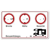 Wohnmobil Aufkleber (Gewicht - Höhe - Breite - Länge - 9,5x5,5 cm klein) - Cockpit Zubehör für Womo und Camper - Beschreibbare Folie in Weiss für Wohnmobile - Folien Selbstkleb