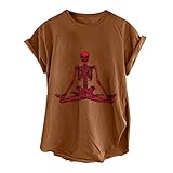 Komiseup Sommer Damen T-Shirt Lustige Niedliche Vintage Totenkopf Druck Seitenschlitz Top Kurzarm Bluse Lustiger Briefdruck Lose Rollärmel Damenob