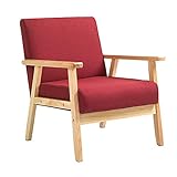 Mingone Sessel Couch Holz Stoff Leinen für Schlafzimmer Lounge Wohnzimmer Büro Garten Hof (Weinrot, 64,5 x 67 x 73,5 cm)