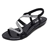 YYCHER Damen-Sandalen mit niedrigem Keilabsatz, Bohemian-Stil, offener Zehenbereich, Strass, formelle Brautschuhe, flache Schuhe (Farbe: Schwarz, Größe: 38)