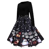 Damen Weihnachtskleid Christmas Kostüm: Vintage Retro A-Linie Elegant Lange Ärmel Xmas Printed Skater Kleider Weihnachten Kostüm Cocktailkleid Party Kleid Karneval F