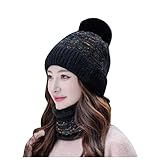 Dressin Damen Strickmütze & Loop 2-in-1 Set mit großer Kombiset Kunstfell Bommel Strickset Beanie mit Fellbommel + Schlauchschal, Einheitsgröße Herbst Winter-Mütze Frauen Winter Schal Nackenw