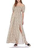 Amazon Brand - Find. Lässiges Schulterfreies Damen-Sommerkleid, florales Design, Maxikleid, Kurzarm, seitlich geteilt, Strandkleid, Beige, Size XXL