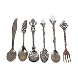 Zerodis Vintage Löffel Gabel Set, Antikes Besteck 6-teiliges Familiengeschirr Set Retro Royal Style Gold Silber Farbe Antik Metall Besteckset, Kaffee Dessertlöffel Teelöffel Eislöffel (Antik Messing)