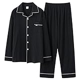 Herren Nachtwäsche Set Langarm Zweiteiliger Schlafanzug Knopfleiste Top Nachtwäsche mit Tasche Baumwolle Pyjama Set Loungewear, Schwarz , XL