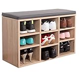 RICOO WM035-ES-A Schuhregal 79x49x30 cm Holz Eiche Sonoma Sitzbank mit Stauraum Schuhschrank mit Sitzkissen Schuhbank für Flur Schuhablag