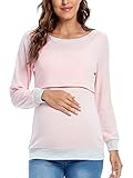Ecavus Nursing Tops Long Sleeve Color Block Breastfeeding T Shirts Round Neck Loose Sweatshirts for Breastfeeding（Pink,L