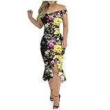 IFOUNDYOU Kleider Damen Elegant Sexy Rüschen Bodycon Kleid Abendkleid Damen Floral Kurzarm Cocktailkleid mit Schlitz Damen Kleid Vintage Spitze Bleistiftkleid Partykleid Slim Fit Lang Ballk