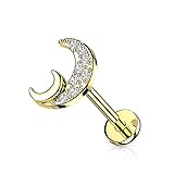 eeddoo Piercing Labret aus Edelstahl Halbmond mit Kristallen ((3) Gold Kristall Klar, 8)