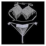 YEZIB Körperkette- Bunte Kristallkörperkette Jewlery Sexy Unterwäsche Set für Frauen Quaste Rhinestone BH und Tanga Bikini Badeanzug Set (Main Stone Color : Silver, Metal Color : A Thong)