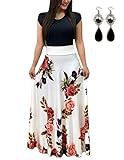 UUAISSO Sommerkleid Damen Lang mit Blüte Drucken Lang High Waist Elastische Strandkleider Maxikleider C-weiß-Kurzarm 5XL