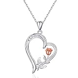 NINAMAID Damen Rose Blume Halskette 925 Sterling Silber Liebesherz Anhänger Halskette Kette Schmuck für Mutter Damen Mädchen Frau Verstellbarer mit 5A Zirk
