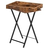 HOOBRO Beistelltisch mit Tablett, klappbarer Sofa-Beistelltisch mit abnehmbarem Holztablett, Vintage-Couchtisch mit Stahlrahmenkonstruktion, moderner Industriestil, Dunkelbraun EBF29BZ01