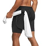 Yageshark Herren Shorts Sport Schnelltrocknende 2 in 1 Kurze Sommer Hosen Laufshorts Gym Trainingsshorts Sporthose mit Reißverschlusstasche (Schwarz, Medium)