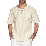 Sommer-T-Shirt für Herren, lässiges Hemd, Sportbekleidung, kurzärmelig, V-Ausschnitt, einfarbig, Kordelzug, T-Shirt, lose, atmungsaktiv, für Fitnessstudio, Yoga, beige, L