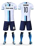 Personalisierte maßgeschneiderte Fußball-Trikot, Kinder Jungen Erwachsene mit Namen Nummer Team Logo Benutzerdefinierte Fußball-Kit Fußballgeschenke,für Herren Damen Socken Schienbeinschoner (Weiß)
