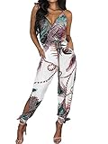 ADYD Damen Jumpsuit Sexy Ärmellos Rückenfrei Tiefer V-Ausschnitt Overall Causal Print Neckholder Sling Overall mit Taschen Lang Playsuit Breites Bein Romper (White Feather, X-Large)