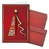 10x Weihnachtskarten-Set DIN A6 in Rot mit goldenem Weihnachtsbaum - Faltkarten mit passenden Umschlägen - Modern - Weihnachtsgrüße für F