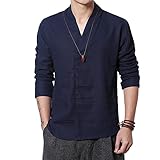 Freizeithemden Herren Urban Chinesischer Stil Vintage Flachs Herren Pullover Herbst Winter Einfachheit Mode Einfarbig V-Ausschnitt Männer Shirt Outdoor Camping Angeln Herren Lang