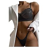 Vexiangni Sexy Damen Dessous Spitzen Reizwäsche Erotisch 2 Stück BH und Höschen Set Riemchen Babydoll Nachtwäsche 2-Teil Bügel-BH + String Tanga Spitze Erotische Unterw