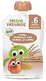 FRECHE FREUNDE Bio Beikost Quetschie Apfel, Pfirsich mit Dinkel & Hirse, Fruchtmus mit Getreide im Quetschbeutel für Babys ab dem 6. Monat, vegan, 6-er Pack (6 x 100 g)